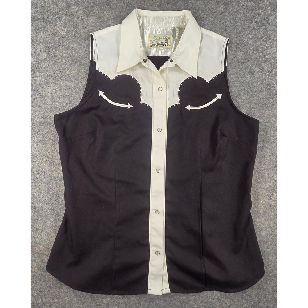 Roper Womens Sleeveless Western Pearl Snap Shirt Vest Black White Yoke Large
